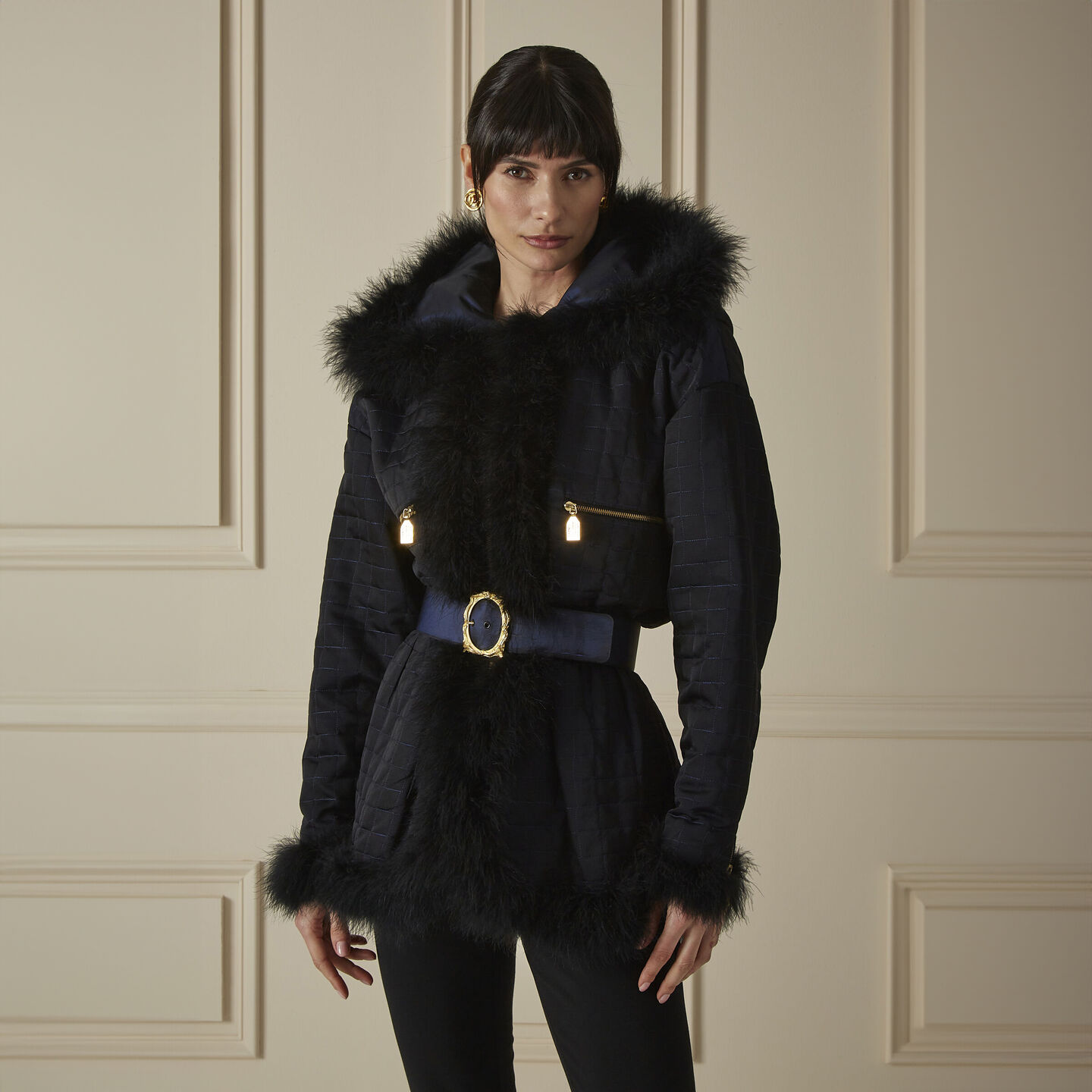 CHANEL IRIDESCENT NAVY SILK QUILTED PUFFER COAT
